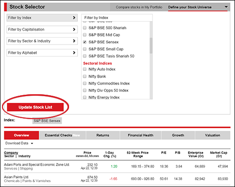 Use Stock Selector to compare stocks